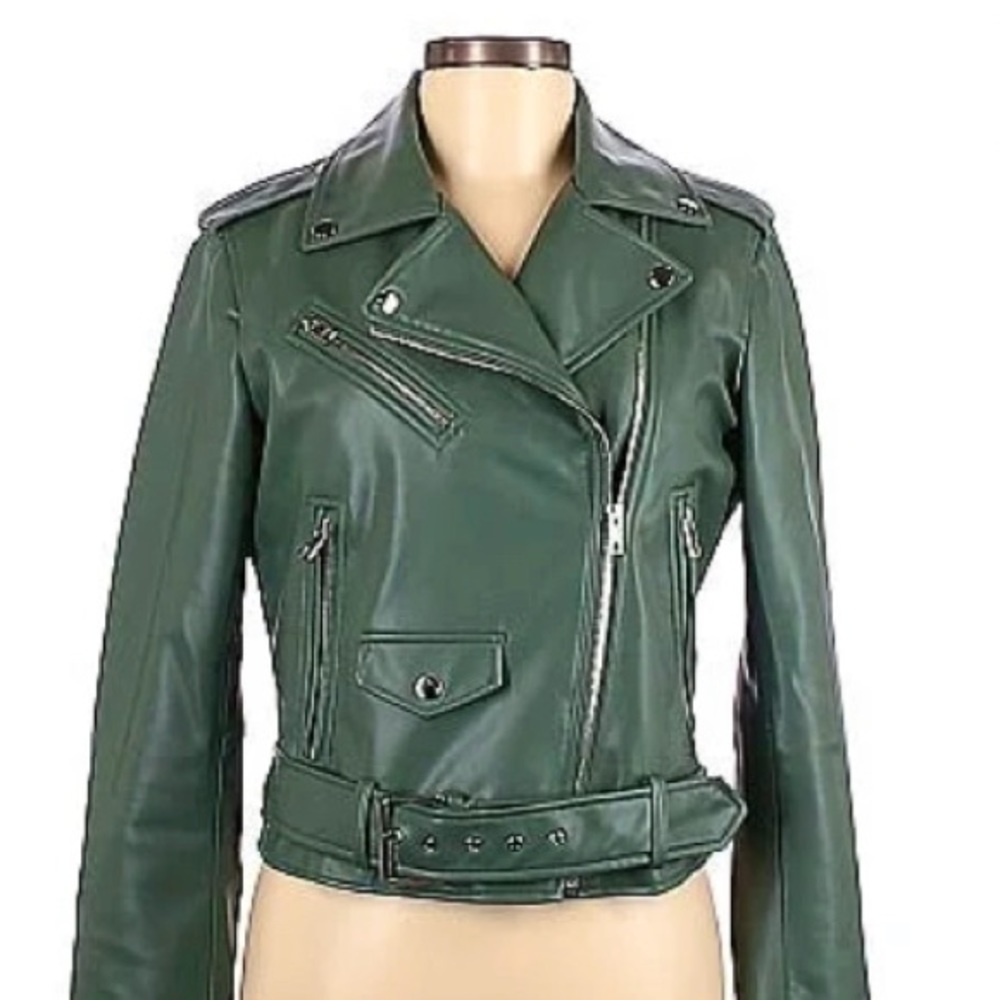 Zara- Dark Hunter Green faux -Leather Moto jacket, Size XS